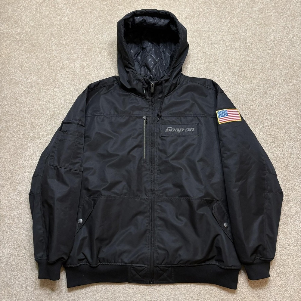 Snap-on Tools Jacket Mens 2XL Black Hooded Quilted Selector Bomber USA Workwear